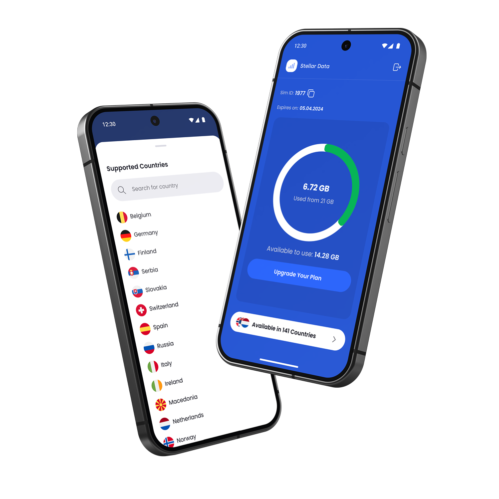 Two phones showing the Stellar Data app: supported countries and remaining data