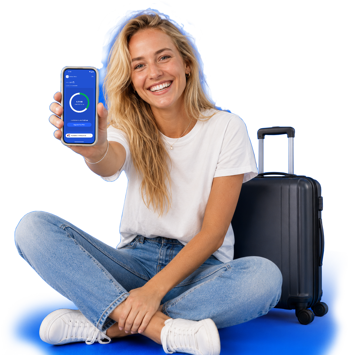 Traveler showing the Stellar Data app on her phone