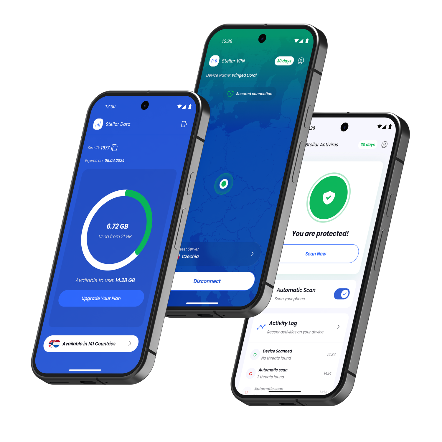Stellar eSIM, VPN and Antivirus apps on three phones